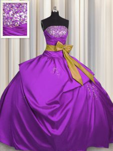 Extravagant Bowknot Purple Sleeveless Satin Lace Up 15 Quinceanera Dress for Military Ball and Sweet 16 and Quinceanera