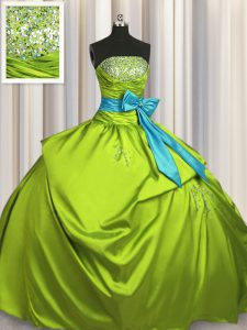 Edgy Olive Green Quinceanera Gown Military Ball and Sweet 16 and Quinceanera and For with Beading and Ruching and Bowkno