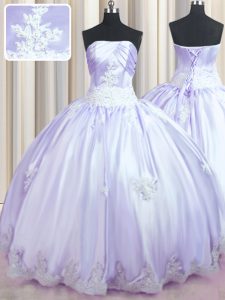 Lavender Lace Up Strapless Beading and Appliques Sweet 16 Quinceanera Dress Taffeta Sleeveless