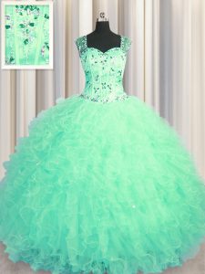 Vintage See Through Zipper Up Ball Gowns Quinceanera Dress Turquoise Straps Tulle Sleeveless Floor Length Zipper