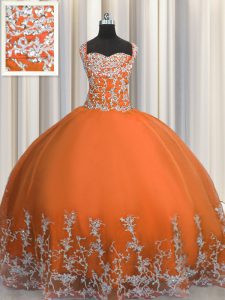 Artistic Orange Red Straps Lace Up Beading and Appliques Quinceanera Gowns Sleeveless