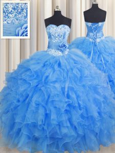 Great Handcrafted Flower Baby Blue Ball Gowns Organza Sweetheart Sleeveless Beading and Ruffles and Hand Made Flower Flo