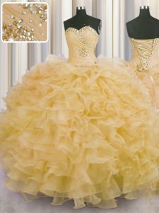 Beading and Ruffles Quinceanera Gown Gold Lace Up Sleeveless Floor Length