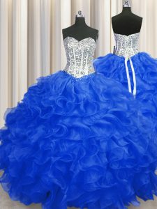 Sophisticated Royal Blue Ball Gowns Organza Sweetheart Sleeveless Beading and Ruffles Floor Length Lace Up Quinceanera G