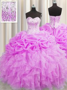 Visible Boning Lilac Organza Lace Up Sweetheart Sleeveless Floor Length Sweet 16 Dress Beading and Ruffles and Pick Ups