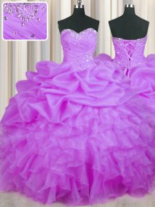 Custom Fit Sleeveless Organza Floor Length Lace Up 15th Birthday Dress in Purple with Beading and Ruffles and Pick Ups