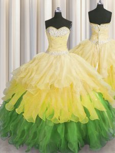 Affordable Multi-color Organza Lace Up Sweetheart Sleeveless Floor Length 15th Birthday Dress Beading and Ruffles and Ru