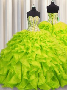 Stylish Visible Boning Sleeveless Floor Length Beading and Ruffles Lace Up Vestidos de Quinceanera with Yellow Green