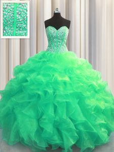 Visible Boning Sleeveless Beading and Ruffles Lace Up Ball Gown Prom Dress