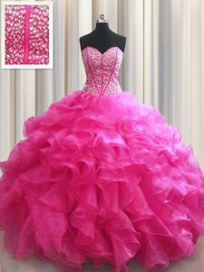 Fashion Visible Boning Hot Pink Sweetheart Lace Up Beading and Ruffles Ball Gown Prom Dress Sleeveless