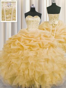 Visible Boning Gold Sleeveless Floor Length Beading and Ruffles and Pick Ups Lace Up Sweet 16 Dress