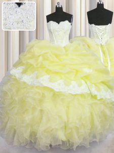New Arrival Light Yellow Lace Up Sweetheart Beading and Appliques and Ruffles and Pick Ups Quinceanera Gowns Organza Sle