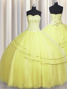 Most Popular Visible Boning Really Puffy Light Yellow Sleeveless Beading Floor Length Quinceanera Dresses