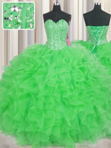 Stylish Visible Boning Organza Sweetheart Sleeveless Lace Up Beading and Ruffles Quinceanera Dresses in Green