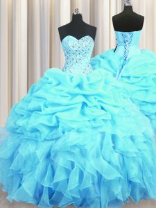 Dynamic Pick Ups Ball Gowns 15th Birthday Dress Aqua Blue Sweetheart Organza Sleeveless Floor Length Lace Up