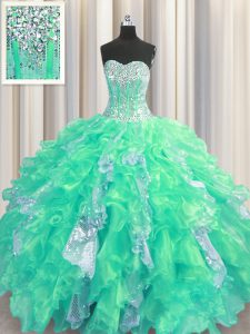 Sumptuous Organza and Sequined Sweetheart Sleeveless Lace Up Beading and Ruffles and Sequins 15th Birthday Dress in Turq