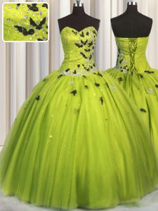 Attractive Sleeveless Tulle Floor Length Lace Up Ball Gown Prom Dress in Olive Green with Beading and Appliques