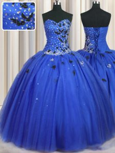 Stunning Royal Blue Ball Gowns Sweetheart Sleeveless Tulle Floor Length Lace Up Beading and Appliques Sweet 16 Dresses