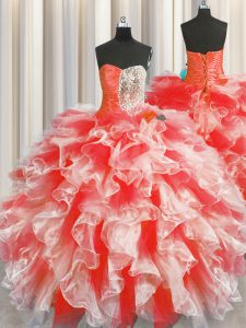 Red Sleeveless Organza Lace Up Quinceanera Dresses for Military Ball and Sweet 16 and Quinceanera