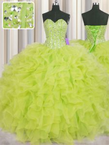 Best Visible Boning Sleeveless Organza Floor Length Lace Up 15 Quinceanera Dress in Yellow Green with Beading and Ruffle