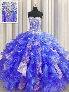 Superior Visible Boning Sleeveless Lace Up Floor Length Beading and Ruffles and Sequins 15 Quinceanera Dress