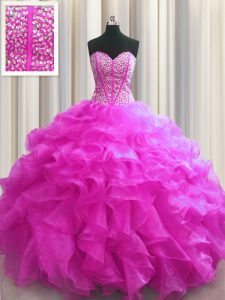 Noble Visible Boning Fuchsia Ball Gowns Beading and Ruffles Sweet 16 Dress Lace Up Organza Sleeveless Floor Length