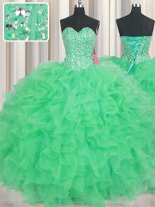 Eye-catching Visible Boning Floor Length Green Quince Ball Gowns Organza Sleeveless Beading and Ruffles