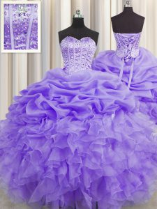Visible Boning Lavender Sleeveless Beading and Ruffles and Pick Ups Floor Length Quinceanera Dresses