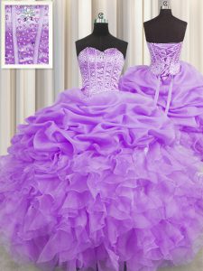 Custom Fit Visible Boning Sleeveless Beading and Ruffles and Pick Ups Lace Up Quince Ball Gowns