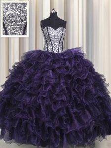 Latest Visible Boning Floor Length Purple Quince Ball Gowns Organza and Sequined Sleeveless Ruffles and Sequins