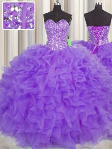 Inexpensive Visible Boning Sweetheart Sleeveless Lace Up Quinceanera Dresses Purple Organza