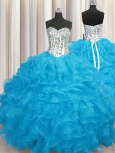 Aqua Blue Organza Lace Up Sweetheart Long Sleeves Floor Length Quince Ball Gowns Beading and Ruffles