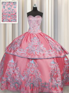 Rose Pink Ball Gowns Taffeta Sweetheart Sleeveless Beading and Embroidery Floor Length Lace Up Sweet 16 Dresses