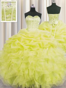 Admirable Visible Boning Yellow Organza Lace Up Ball Gown Prom Dress Sleeveless Floor Length Beading and Ruffles and Pic