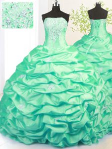 Custom Made Turquoise Strapless Side Zipper Beading and Pick Ups Quinceanera Dress Sweep Train Sleeveless