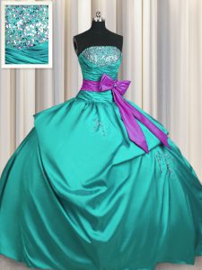 Modest Taffeta Strapless Sleeveless Lace Up Beading and Ruching and Bowknot Sweet 16 Quinceanera Dress in Turquoise