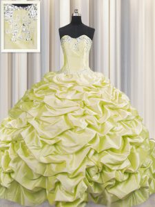 Brush Train Light Yellow Sweetheart Neckline Beading and Pick Ups Quinceanera Dress Sleeveless Lace Up