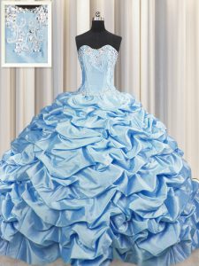 Brush Train Baby Blue Ball Gowns Beading and Pick Ups Sweet 16 Quinceanera Dress Lace Up Taffeta Sleeveless