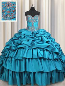 Teal Taffeta Lace Up Sweetheart Sleeveless Vestidos de Quinceanera Brush Train Beading and Embroidery and Ruffled Layers