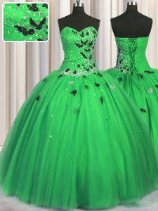 Green Lace Up Quinceanera Gown Beading and Appliques Sleeveless Floor Length