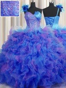 One Shoulder Handcrafted Flower Multi-color Sleeveless Tulle Lace Up 15 Quinceanera Dress for Military Ball and Sweet 16