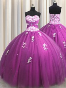 Tulle Sweetheart Sleeveless Lace Up Beading and Appliques 15th Birthday Dress in Fuchsia