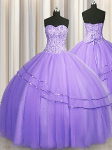 Suitable Visible Boning Big Puffy Tulle Sweetheart Sleeveless Lace Up Beading Quinceanera Gowns in Lavender