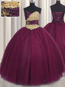 Burgundy Sleeveless Tulle Lace Up 15 Quinceanera Dress for Military Ball and Sweet 16 and Quinceanera