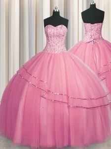 Visible Boning Big Puffy Sweetheart Sleeveless Tulle Quince Ball Gowns Beading Lace Up