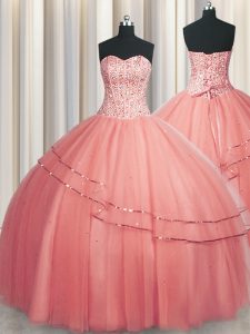 Visible Boning Puffy Skirt Watermelon Red Tulle Lace Up Sweetheart Sleeveless Floor Length Quince Ball Gowns Beading