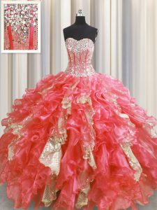 Stunning Sequins Visible Boning Floor Length Watermelon Red Quinceanera Gowns Sweetheart Sleeveless Lace Up