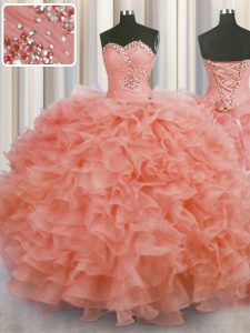 Most Popular Watermelon Red Sweetheart Neckline Beading and Ruffles Quinceanera Gowns Sleeveless Lace Up