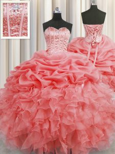 Visible Boning Watermelon Red Ball Gowns Organza Sweetheart Sleeveless Beading and Ruffles and Pick Ups Floor Length Lac