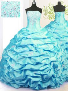 Noble Sweep Train Aqua Blue Strapless Neckline Beading and Pick Ups Ball Gown Prom Dress Sleeveless Lace Up